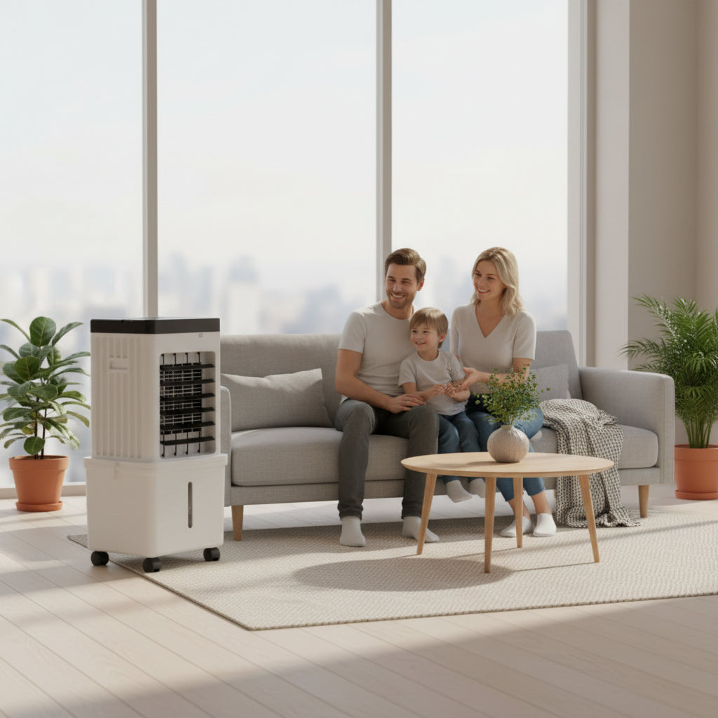 Compact 3-in-1 portable air conditioner and humidifier with an easy-to-use control panel.