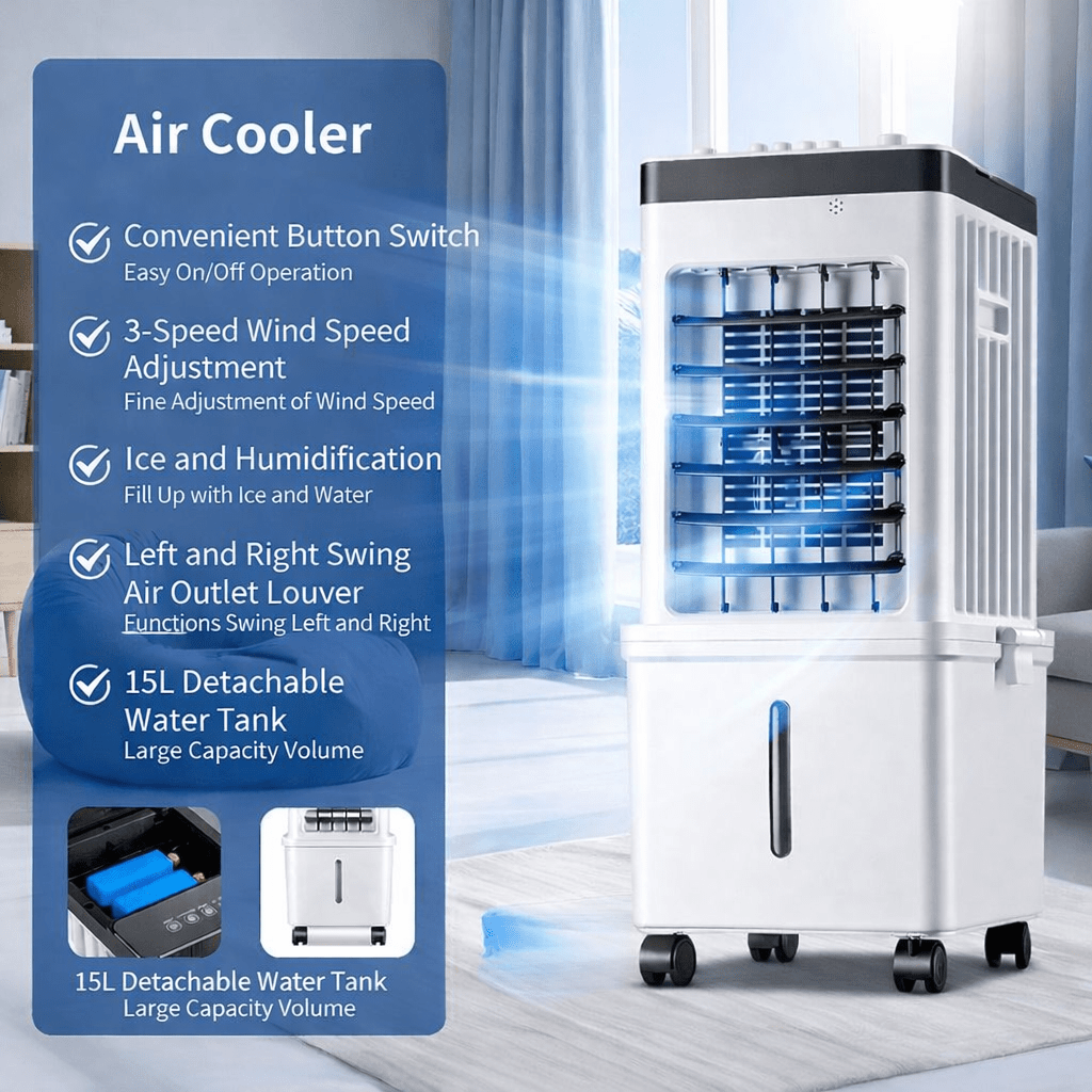 Versatile 3-in-1 air cooler with fan and humidifying functions. Enjoy personal cooling & comfort.