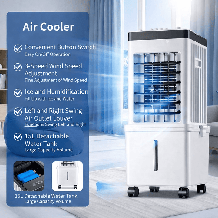 Versatile 3-in-1 air cooler with fan and humidifying functions. Enjoy personal cooling & comfort.