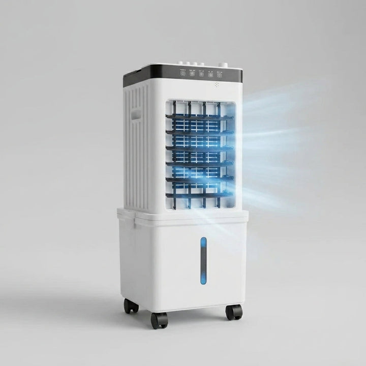 Compact portable 3-in-1 air cooler, fan & dehumidifier. Ideal for personal climate control & quiet home cooling.