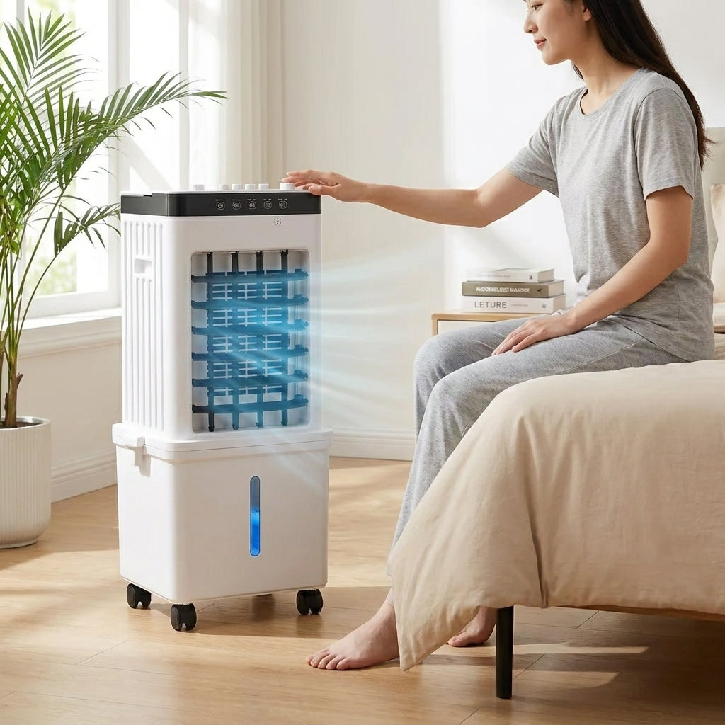 Sleek portable 3-in-1 air cooler, dehumidifier & fan for compact, energy-efficient room cooling and comfort.