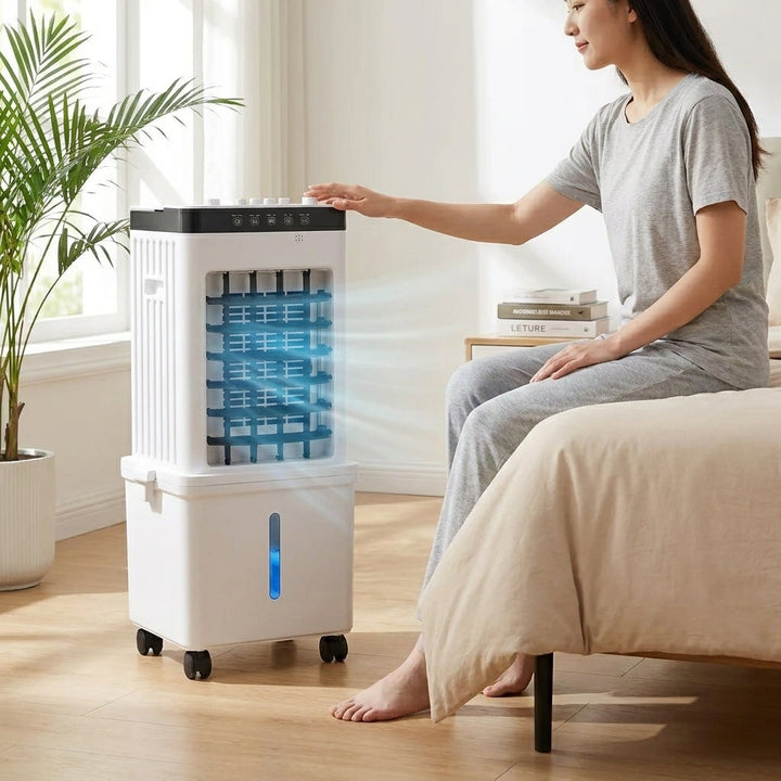Sleek portable 3-in-1 air cooler, dehumidifier & fan for compact, energy-efficient room cooling and comfort.