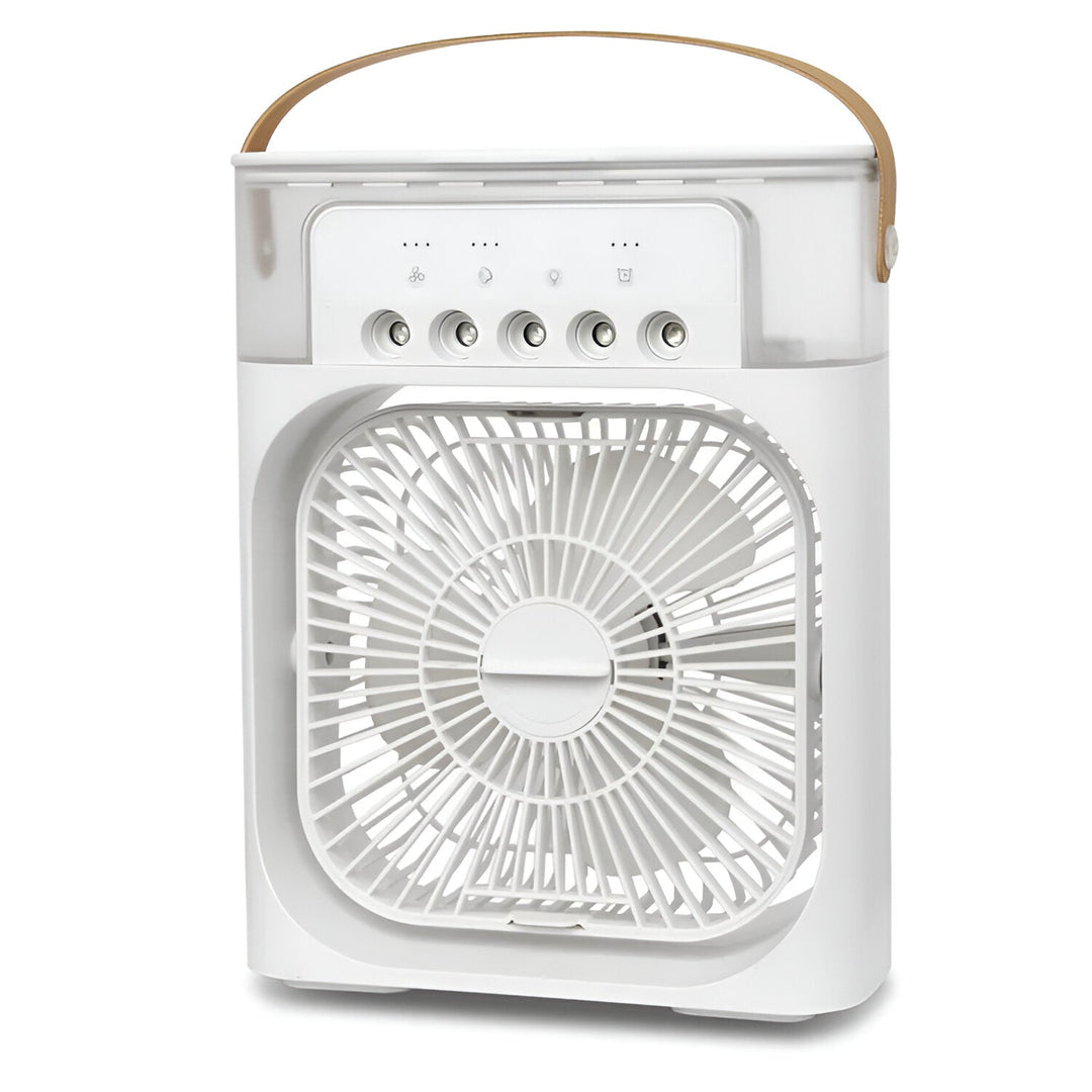 USB-powered portable air cooler & humidifier, ideal for a cool personal workspace.