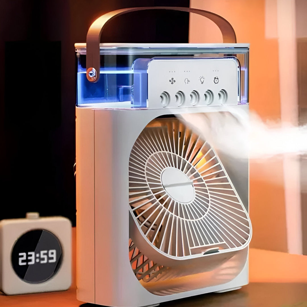 Energy-efficient mini air cooler & humidifier, providing cool air & moisture for personal use.