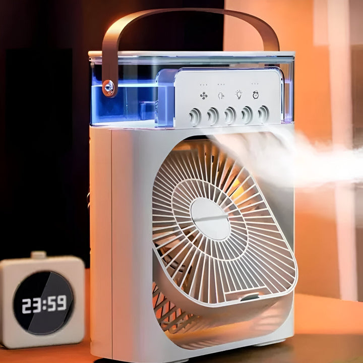 Energy-efficient mini air cooler & humidifier, providing cool air & moisture for personal use.