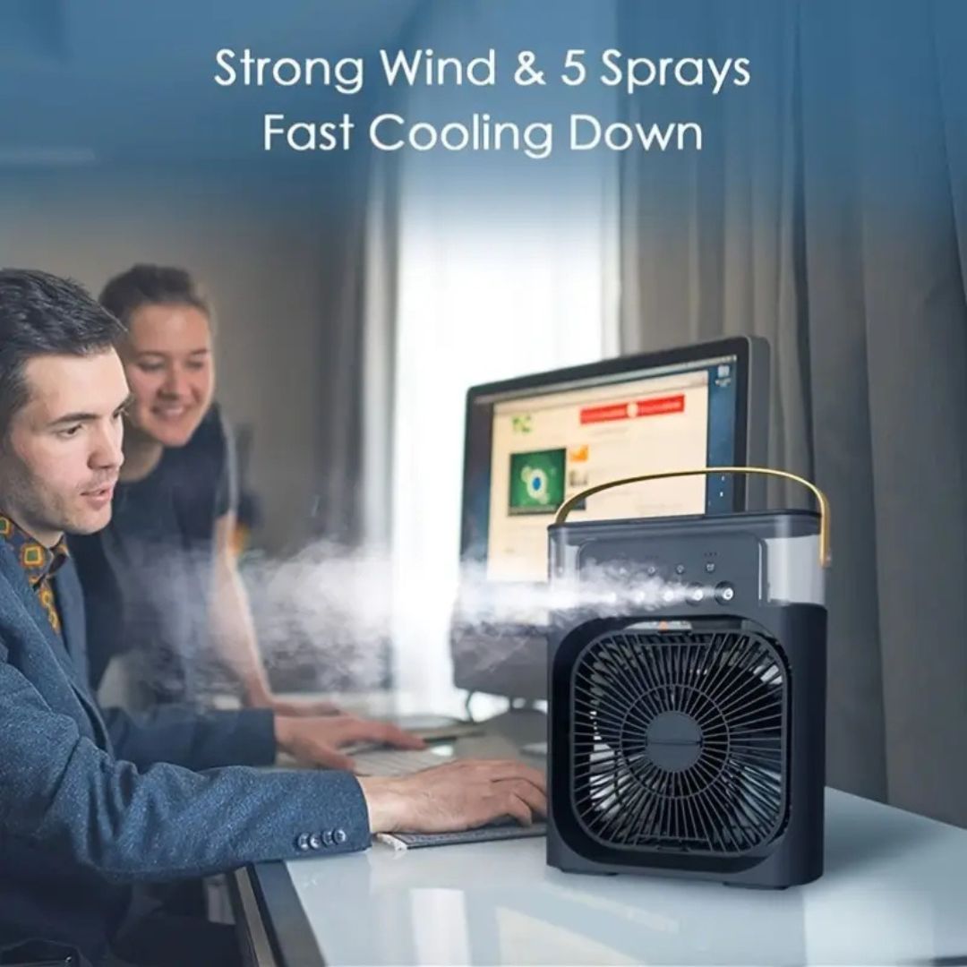Compact personal air cooler with humidification, ideal for desk, bedroom, or small office.