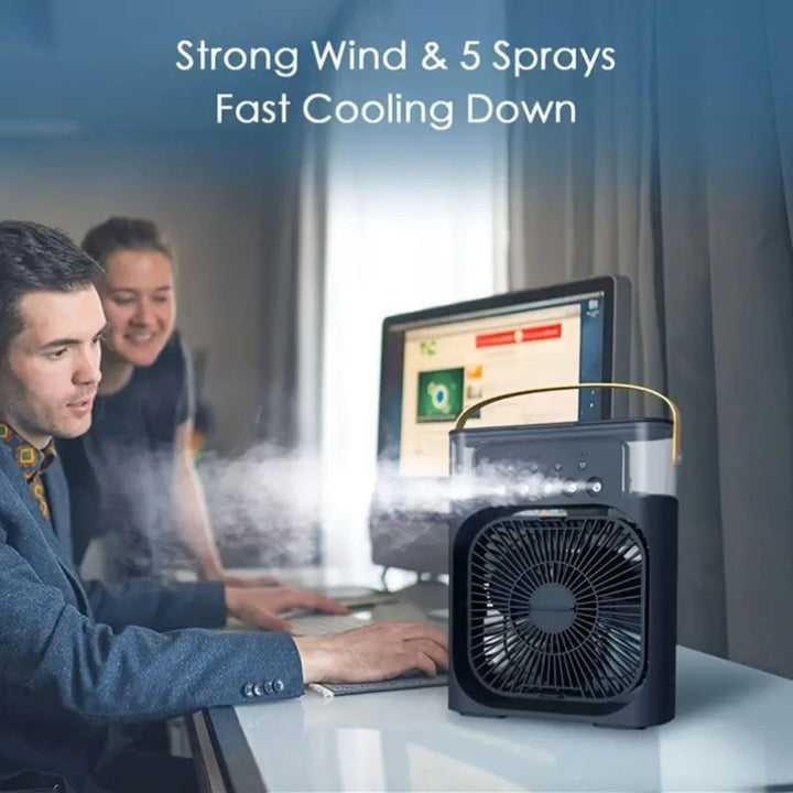 Compact personal air cooler with humidification, ideal for desk, bedroom, or small office.