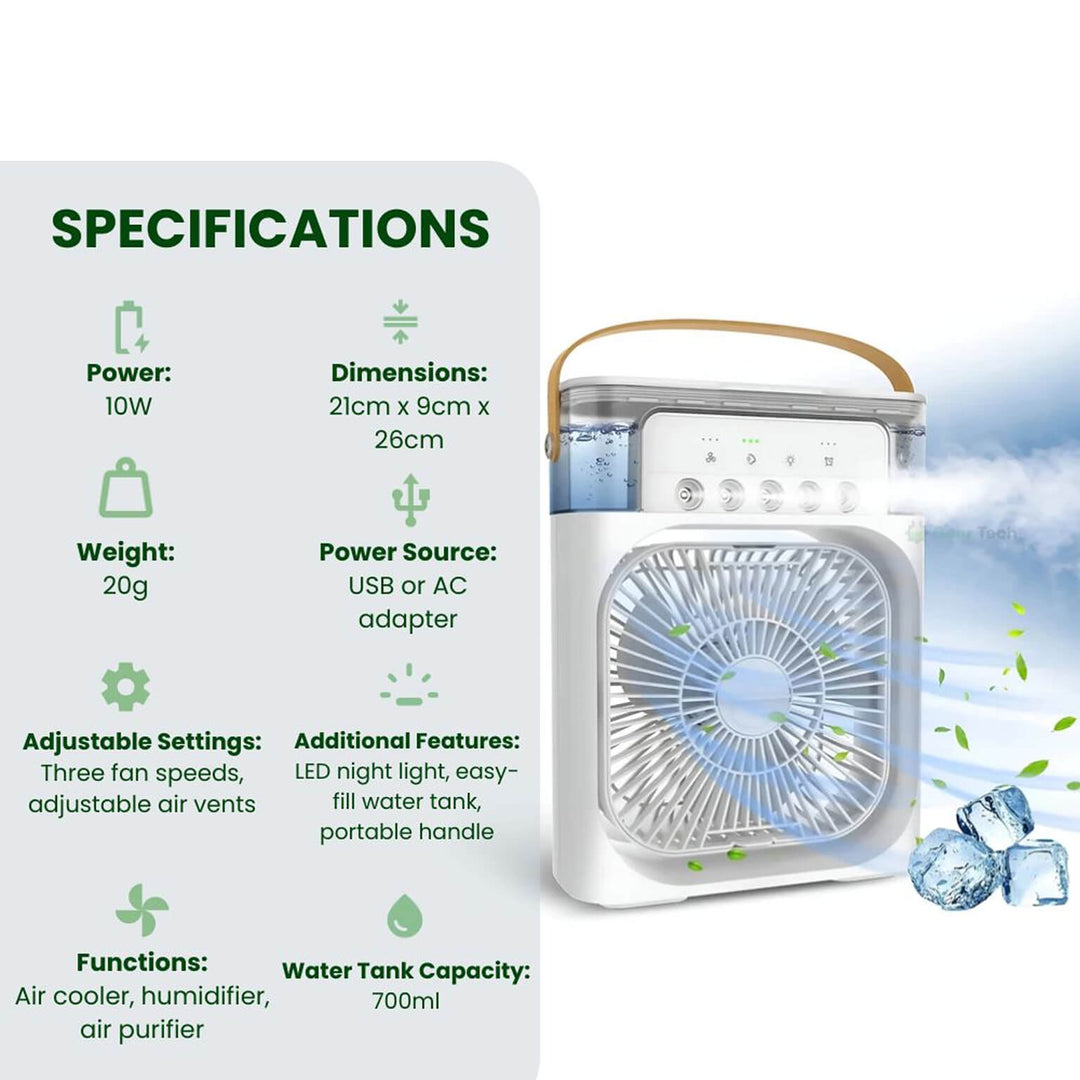 Portable air cooler & humidifier for desk, bedroom, or living room personal cooling needs.