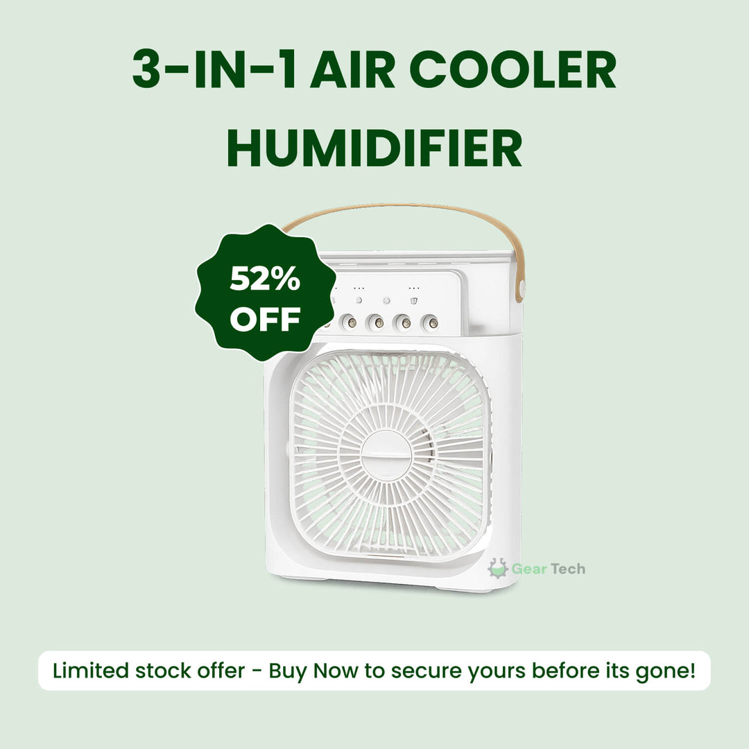 Portable personal air cooler with humidifying mist, perfect for dry air relief.