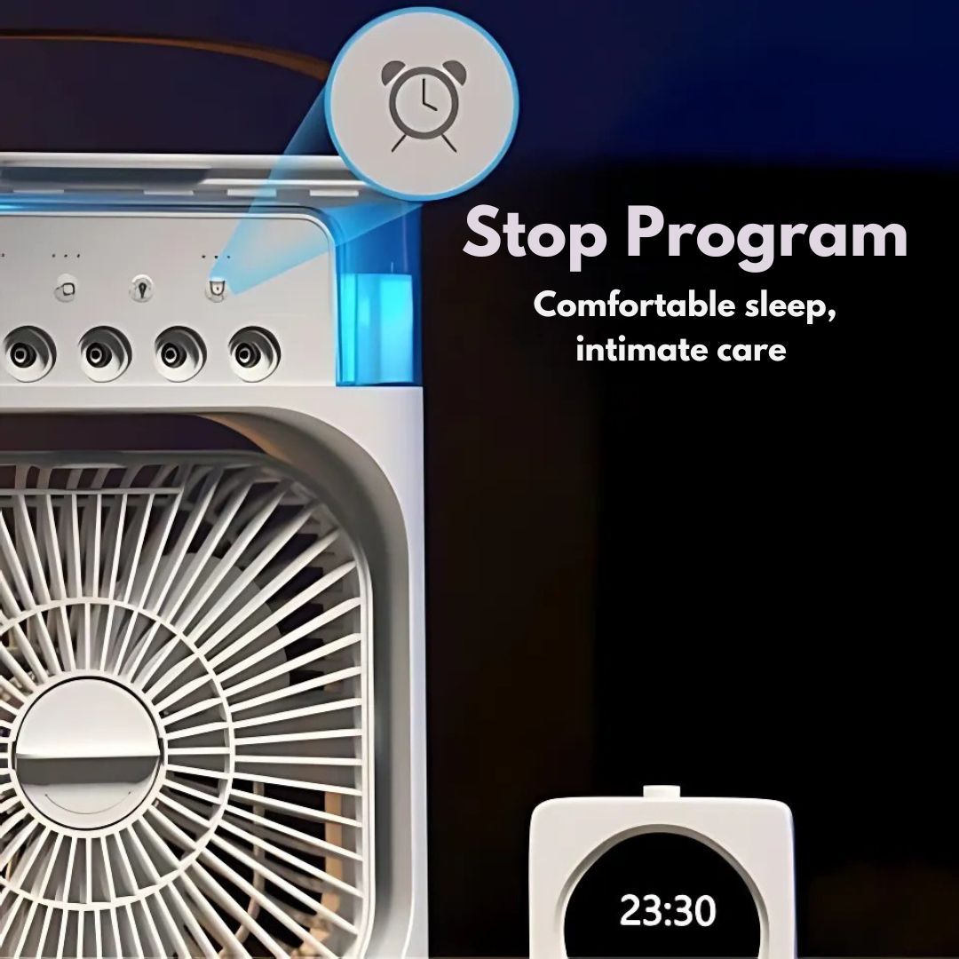Multi-function portable fan & humidifier provides refreshing cool air for home comfort.