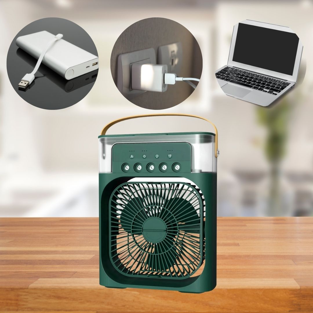 Compact evaporative air cooler & fan with humidifying mist for dry environments.
