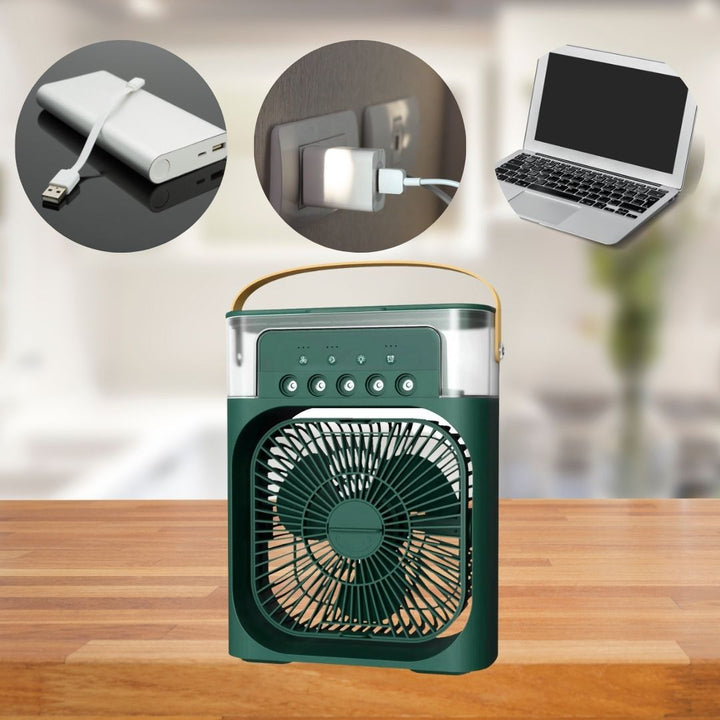 Compact evaporative air cooler & fan with humidifying mist for dry environments.