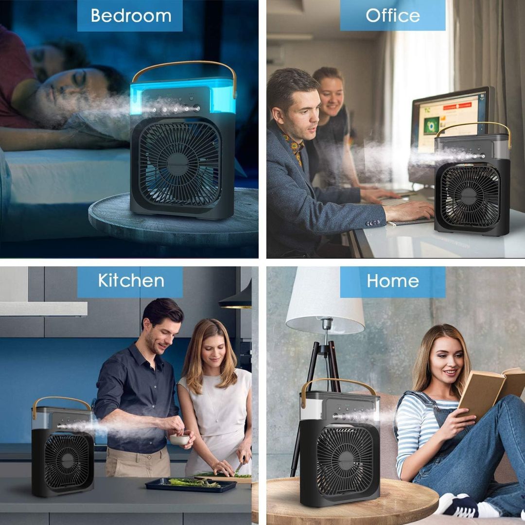 Portable personal cooling device, combines air cooler, fan & humidifier for small areas.
