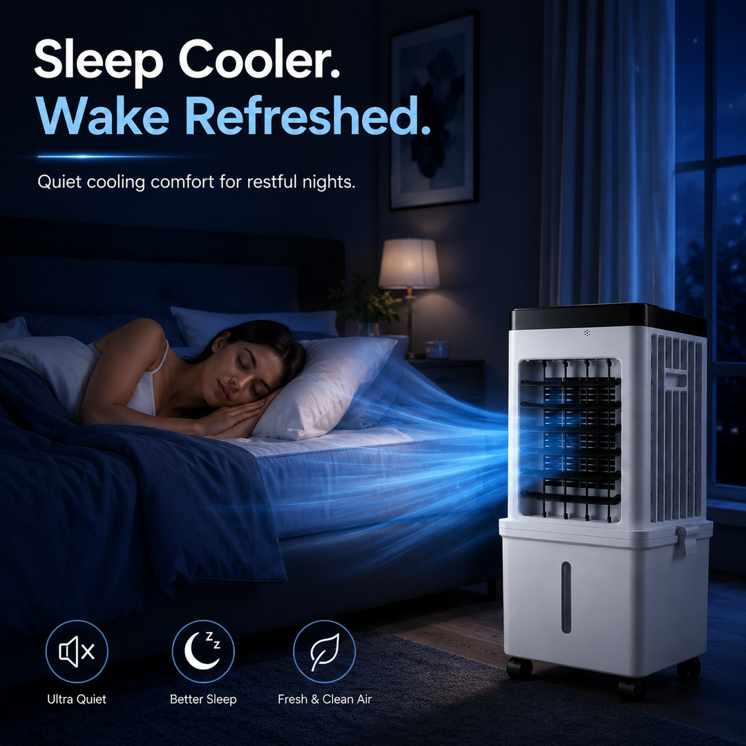 Portable 3-in-1 air cooler, humidifier & purifier, shown on a desk. Ideal for personal cooling in any room.