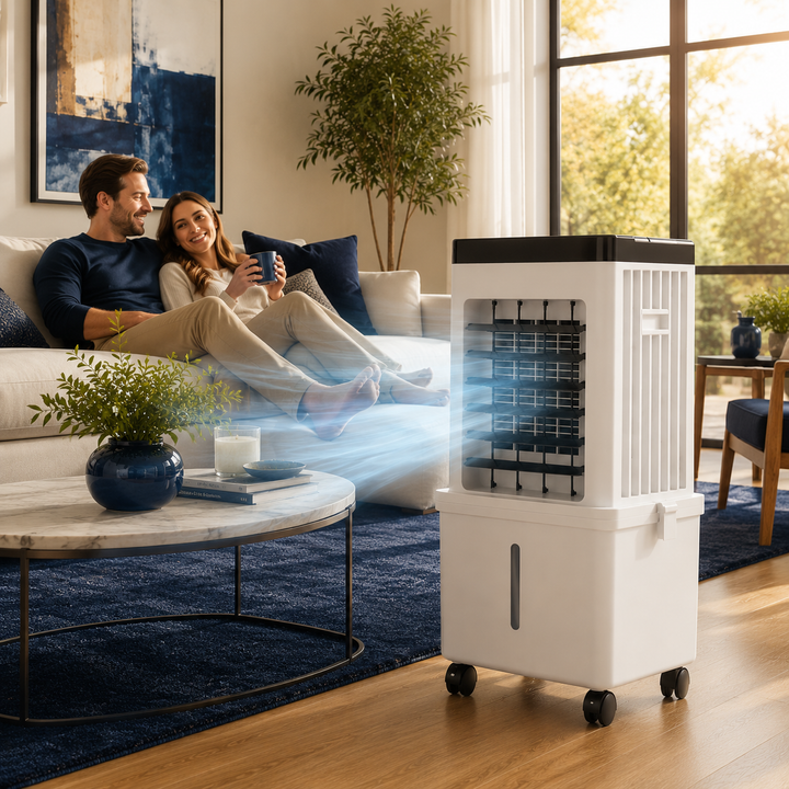 Detail view of portable 3-in-1 air cooler controls. Highlights quiet operation, cooling, humidifying, & purifying.