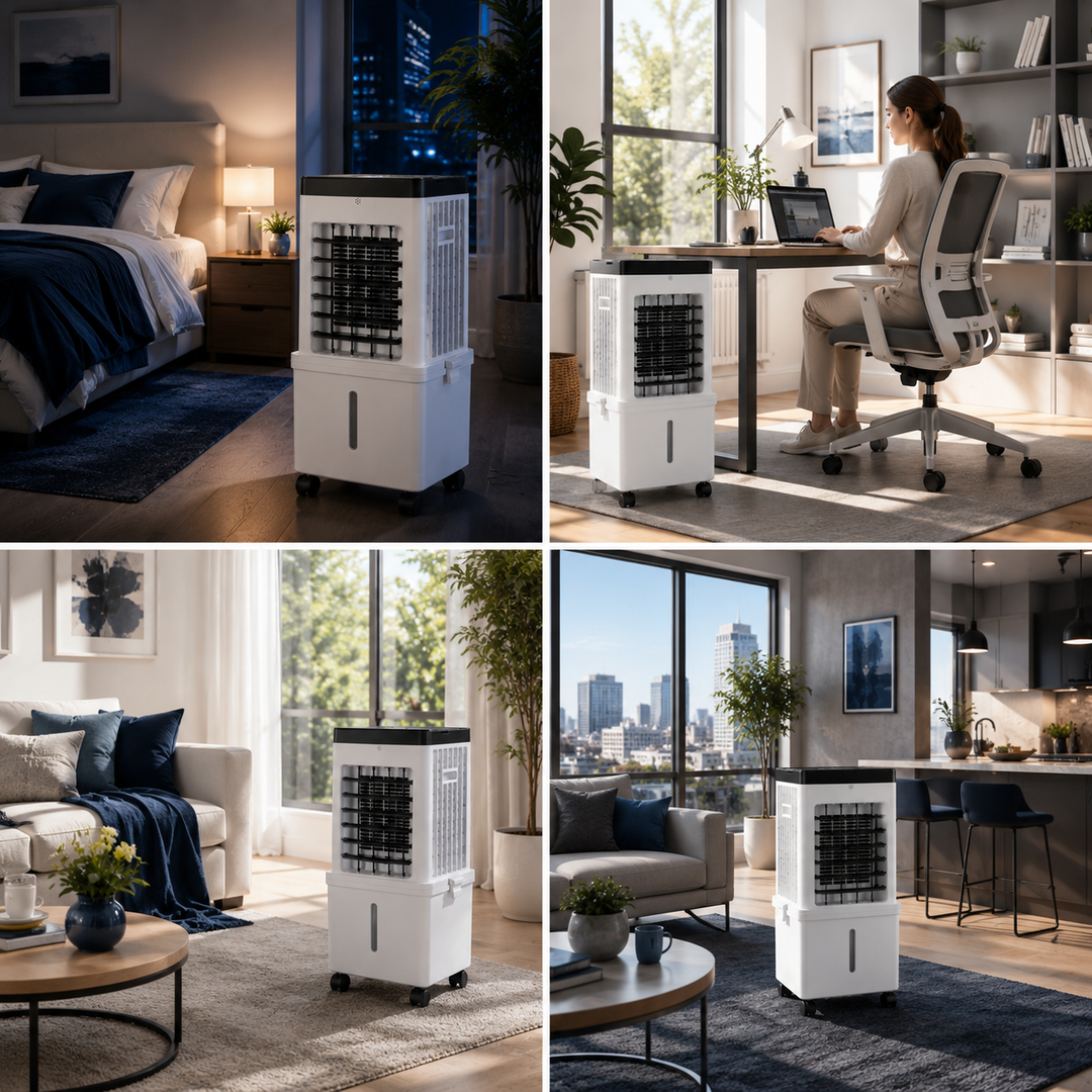 Compact portable 3-in-1 air cooler, humidifier, & purifier for summer essentials. Delivers cool, clean air.