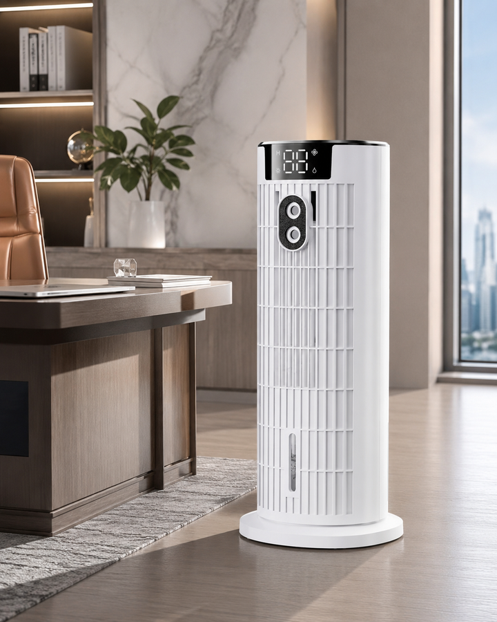 Portable 4-in-1 evaporative air cooler with remote, ideal for home & office personal cooling & humidifying.