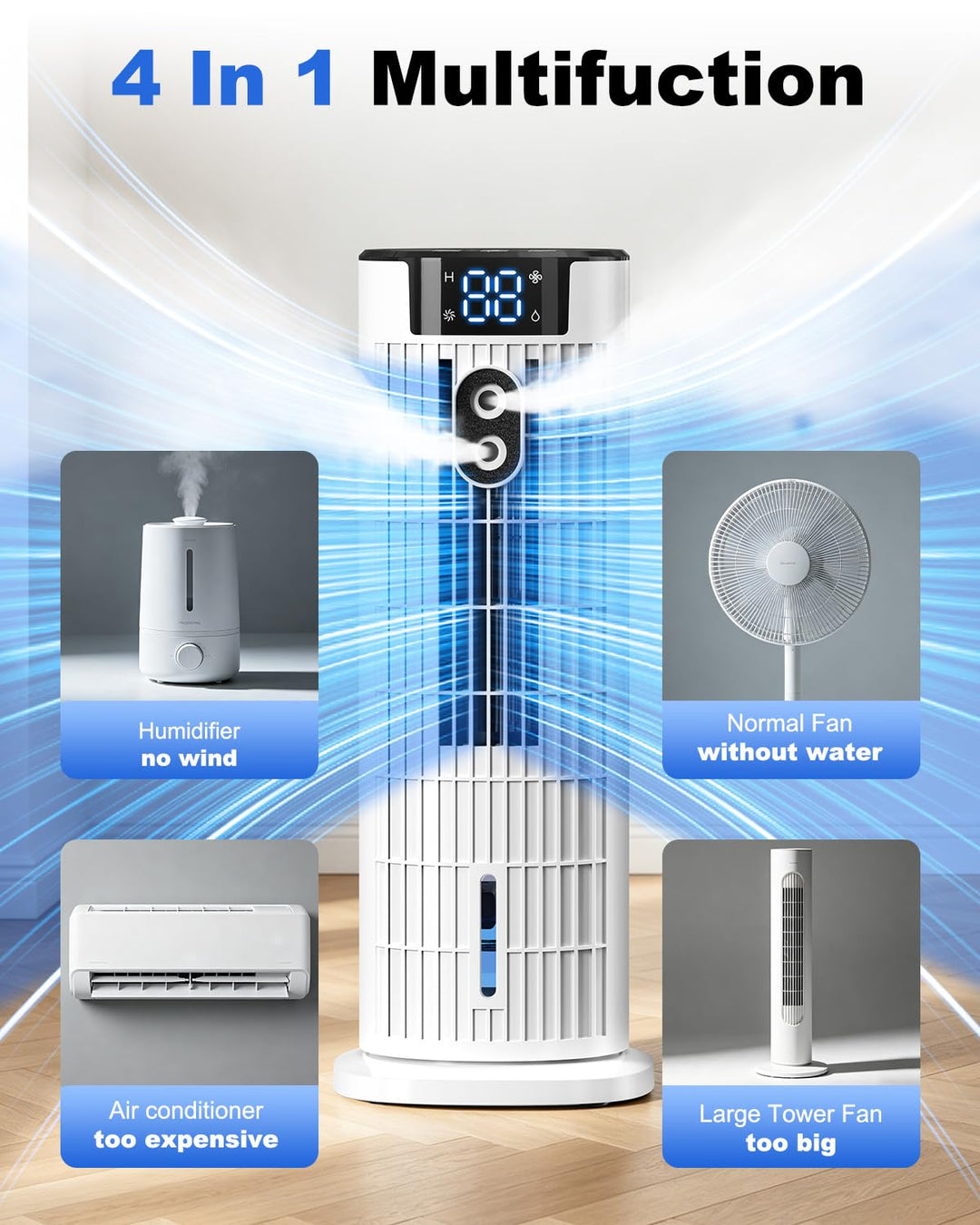 Compact evaporative air cooler & humidifier with timer & remote. Perfect room fan for home comfort.
