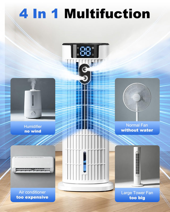 Compact evaporative air cooler & humidifier with timer & remote. Perfect room fan for home comfort.