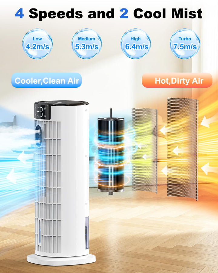 White 4-in-1 evaporative cooler, functions as fan & humidifier. Remote-controlled for easy use.