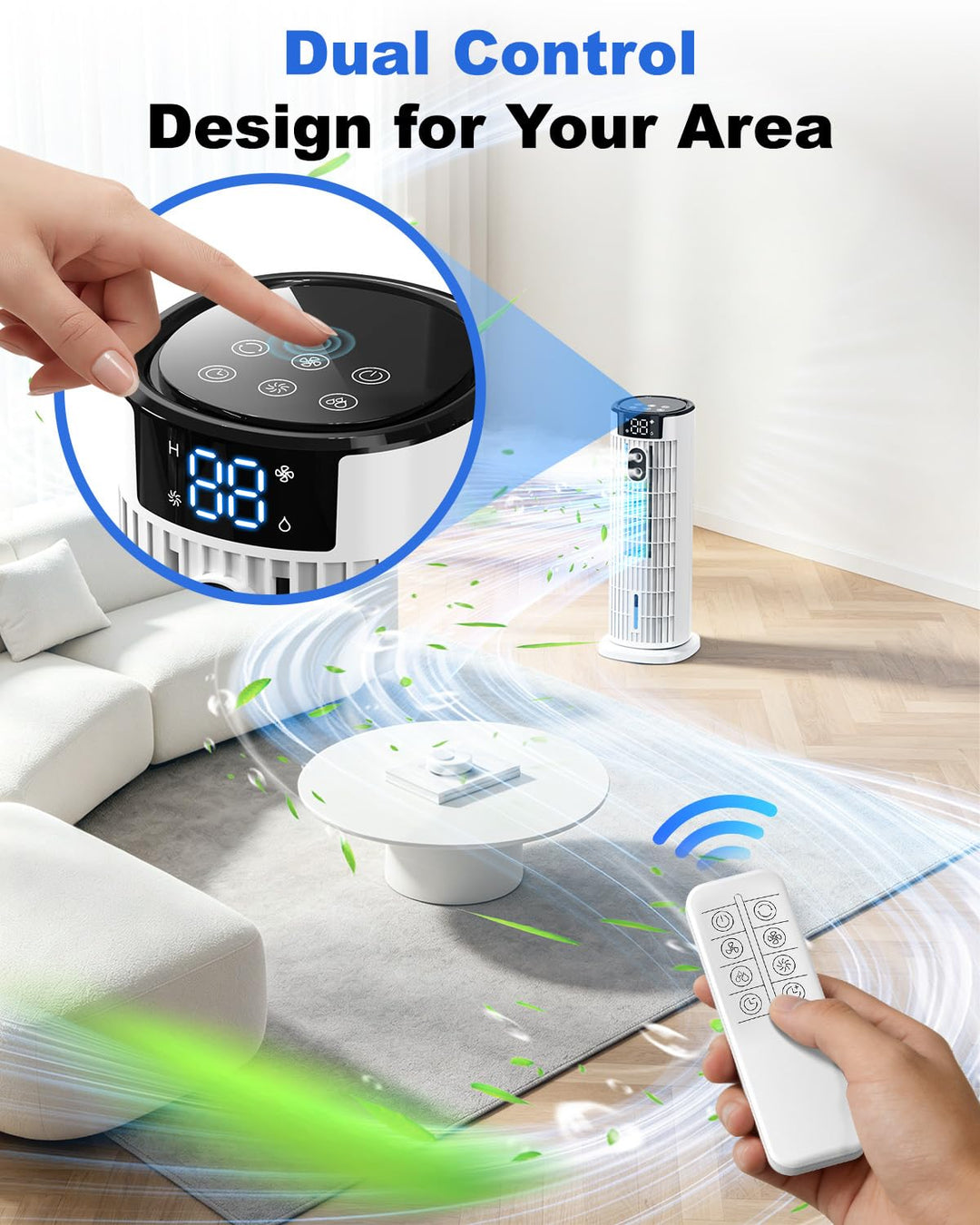 Quiet evaporative air cooler, a 4-in-1 fan & humidifier with remote & timer for bedroom comfort.