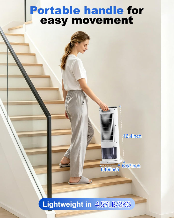 Smart portable air cooler with remote & timer. Evaporative cooling, fan, & humidifier in one unit.