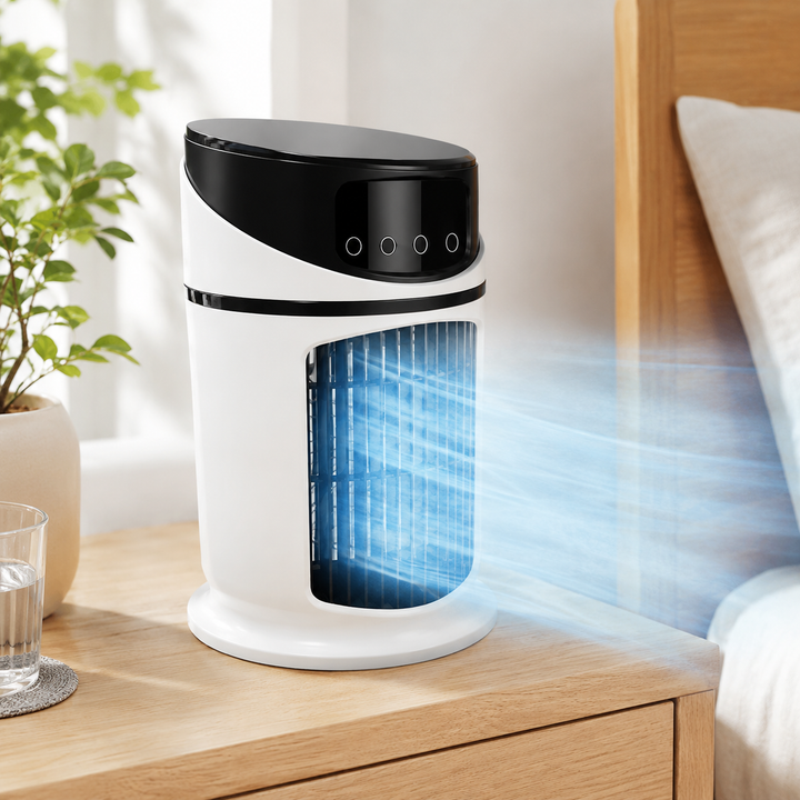 Portable 4-in-1 mist cooling fan with LED light, ideal for personal desk use.