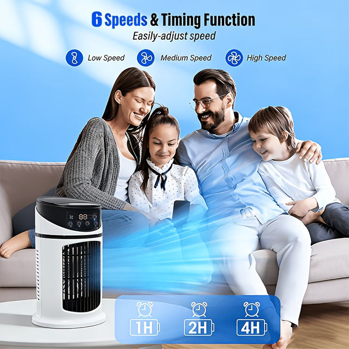 Lightweight 4-in-1 portable fan, mist humidifier, and LED light for any room cooler need.