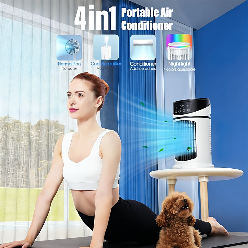 Modern portable desk fan, mist cooler, LED night light for personalized cooling and comfort.