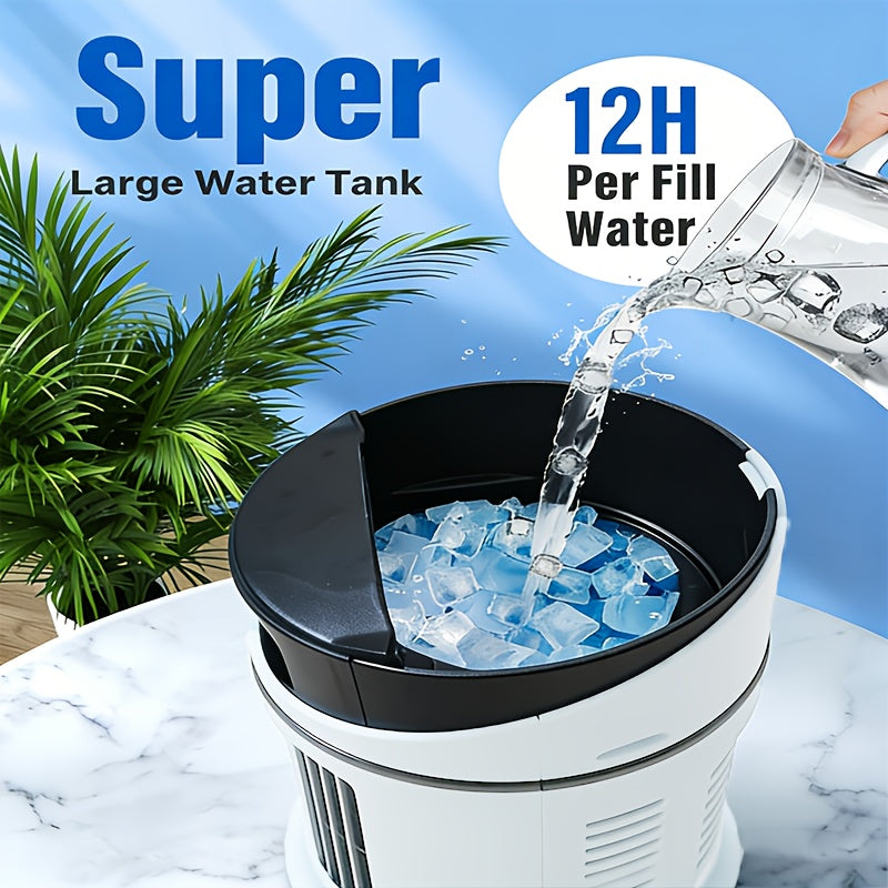 Personal mist humidifier & cooling fan with LED night light, enhancing home comfort.