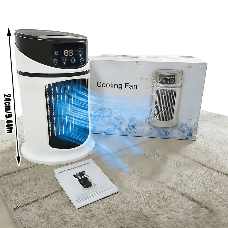 Compact air cooler & misting fan with LED light, perfect for a refreshing personal space.