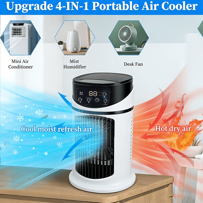 Versatile portable mist fan, air cooler, humidifier & LED light for ultimate home comfort.