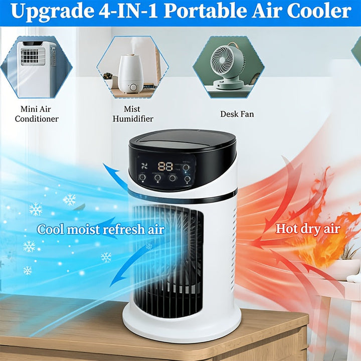 Versatile portable mist fan, air cooler, humidifier & LED light for ultimate home comfort.