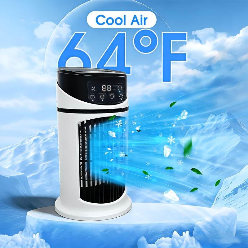 Desk-friendly personal mist cooling fan with integrated LED night light and humidifier.