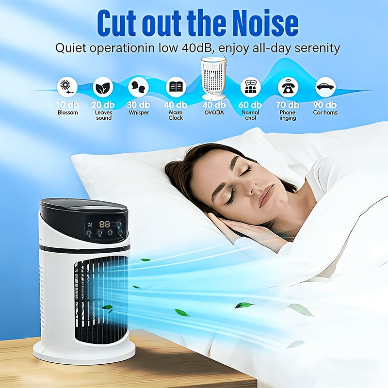 Small room air cooler with misting function & ambient LED light, great for bedside comfort.