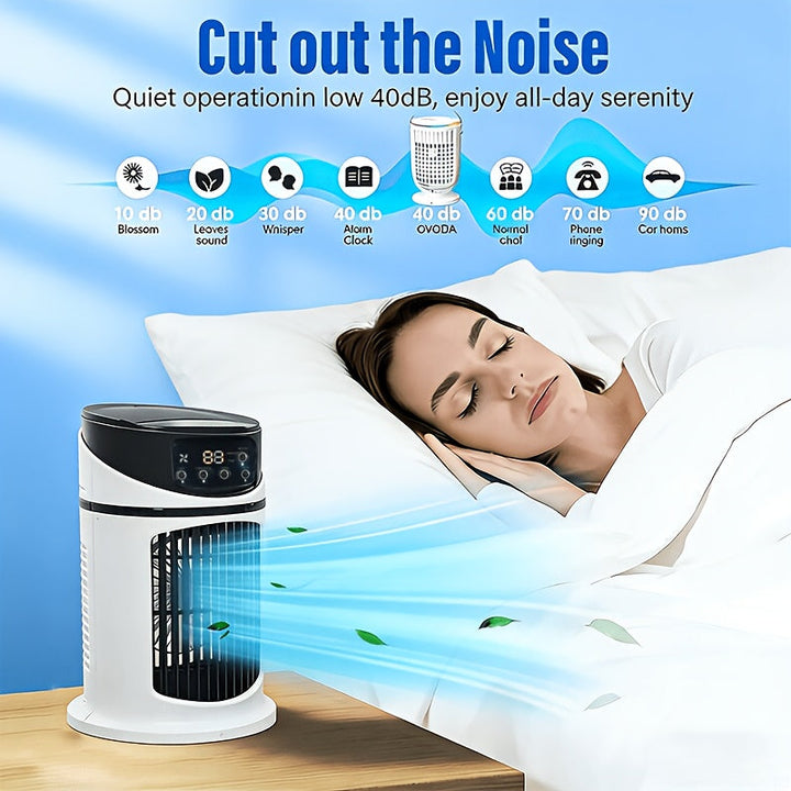 Small room air cooler with misting function & ambient LED light, great for bedside comfort.