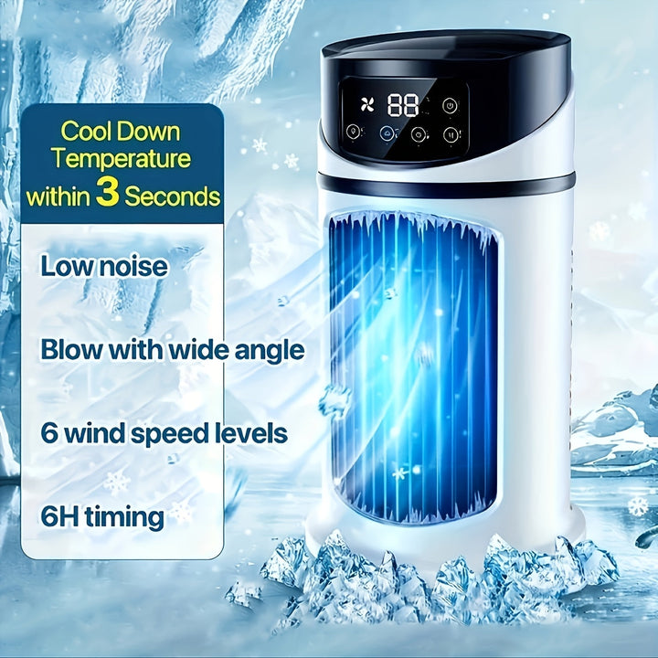 Portable cooling fan with soft LED night light & refreshing mist, a personal cooler.