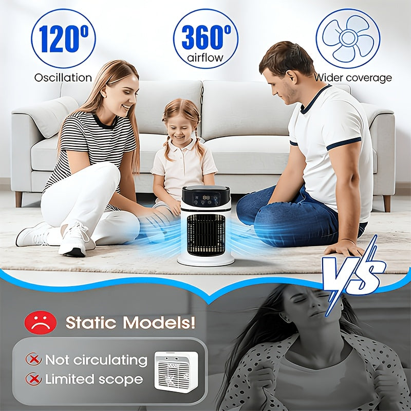 Personal cooling fan with mist, LED light, and humidifier, offering 4-in-1 home comfort.