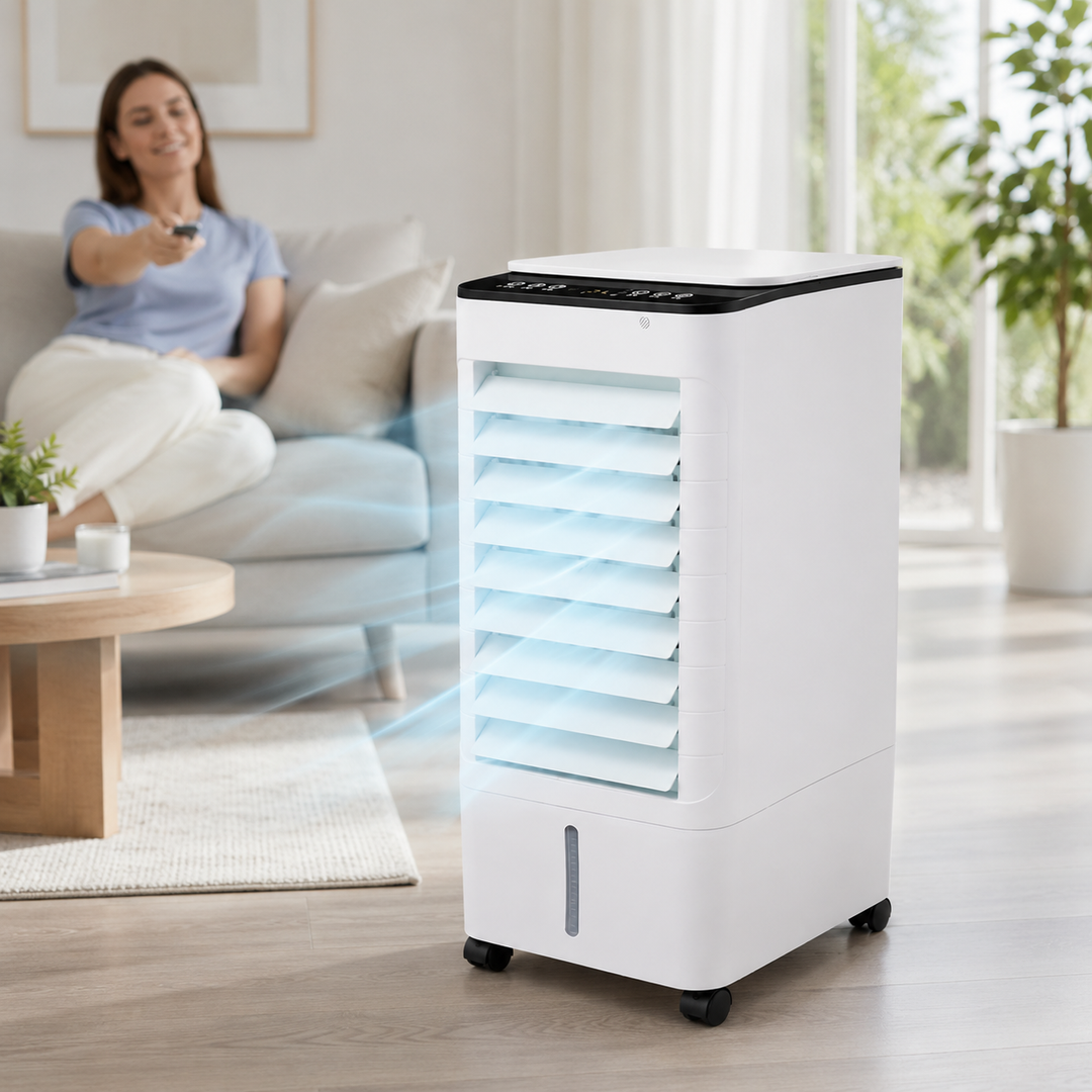Portable air conditioner fan WC2026 with remote for silent home & office cooling. Compact design & windowless AC.