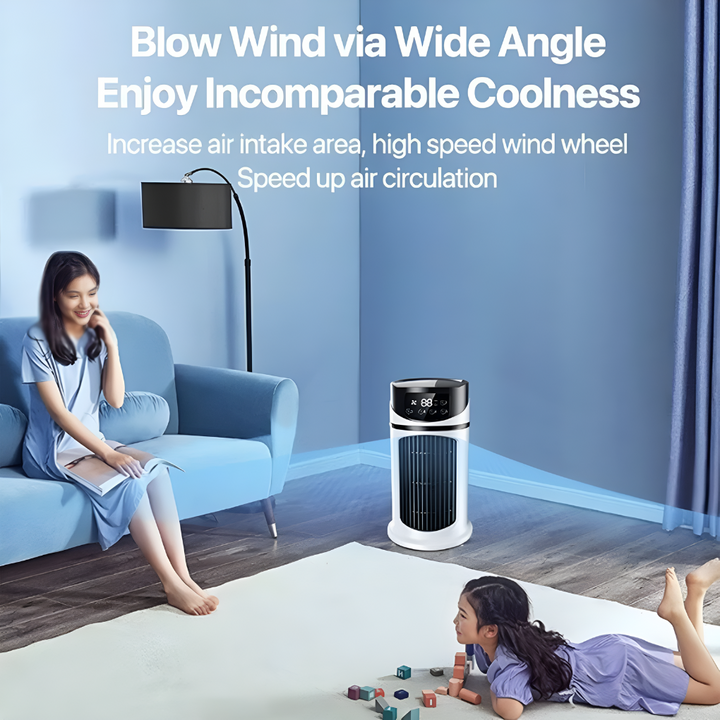 Sleek portable air cooler, perfect personal electric fan for office desks or home comfort. Compact summer essential.