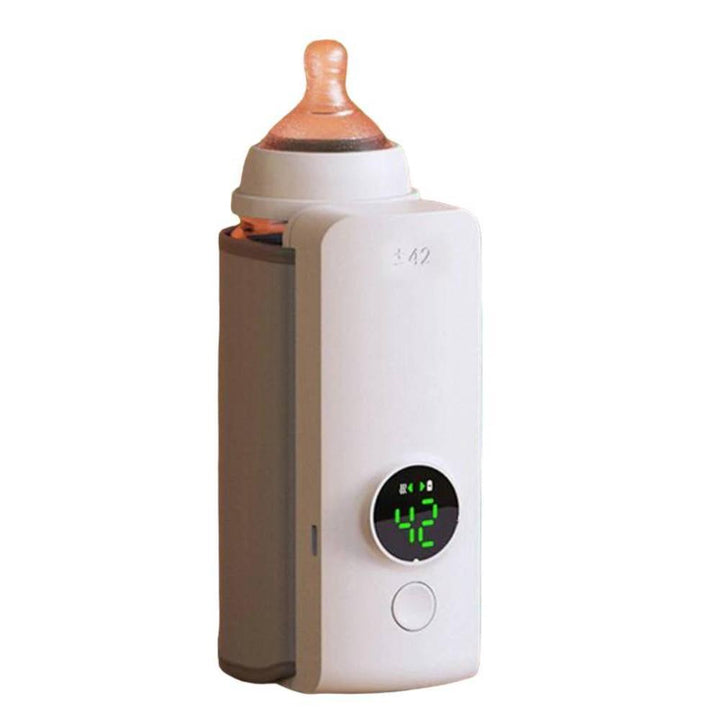 Portable baby bottle warmer with digital temp control, perfect for on-the-go feeding & travel.