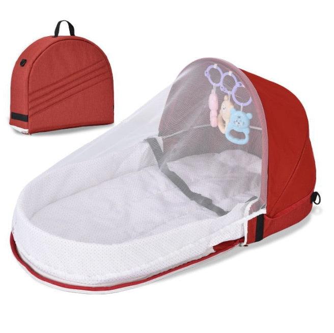 Cozy infant sleep tent with an integrated mosquito net, a safe and foldable travel bed for newborns.
