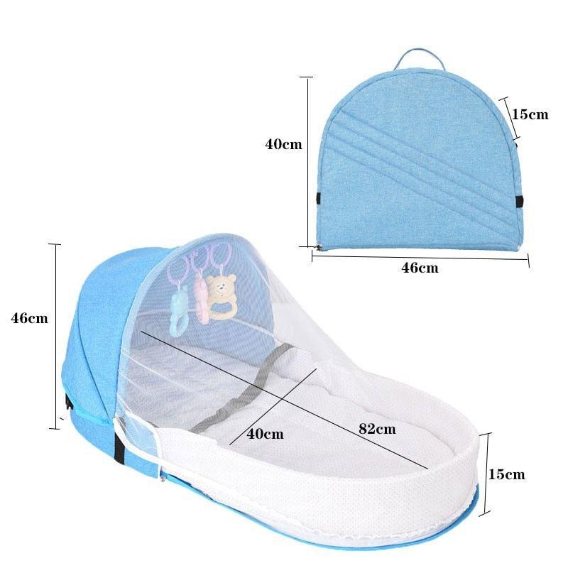 Compact foldable baby travel crib with mosquito net, ideal for small spaces and adventures.
