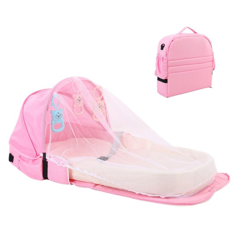 Versatile baby bed: mosquito net tent, portable crib, and safe travel solution for infant sleep.