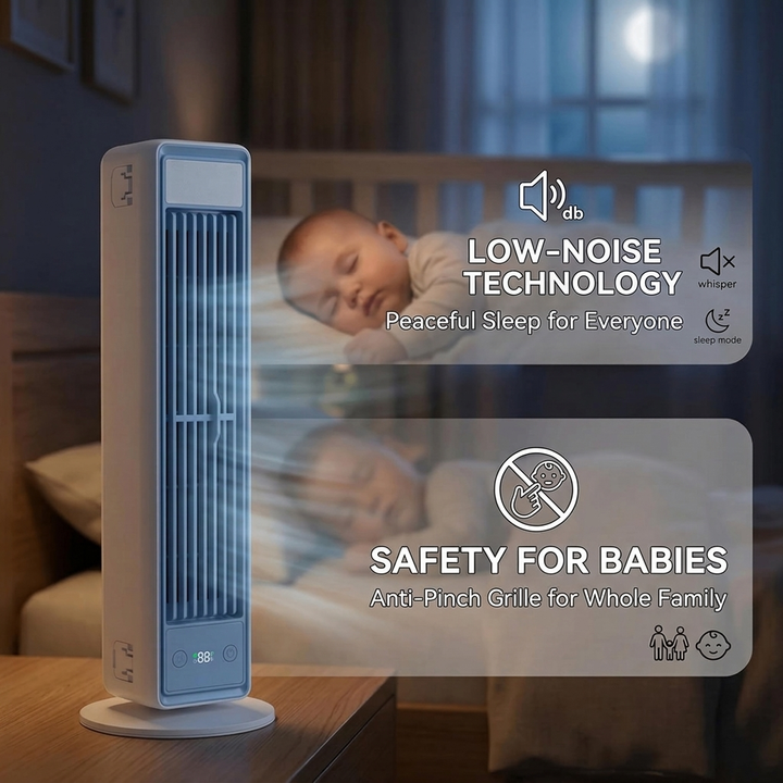 Portable bladeless cooling fan with rechargeable battery & sleek design for home/office use.