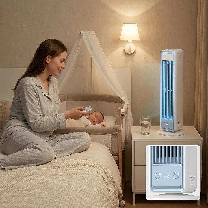 Rechargeable portable fan (mvb26) providing efficient bladeless cooling for any space.