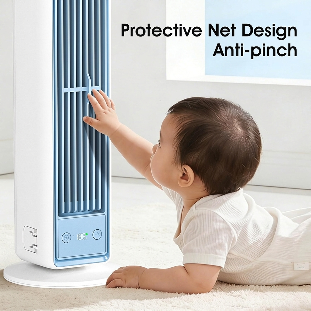 Modern bladeless cooling fan with convenient remote control for easy adjustment and comfort.