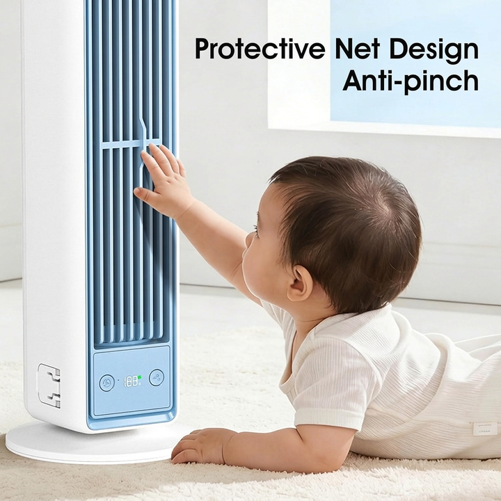 Modern bladeless cooling fan with convenient remote control for easy adjustment and comfort.