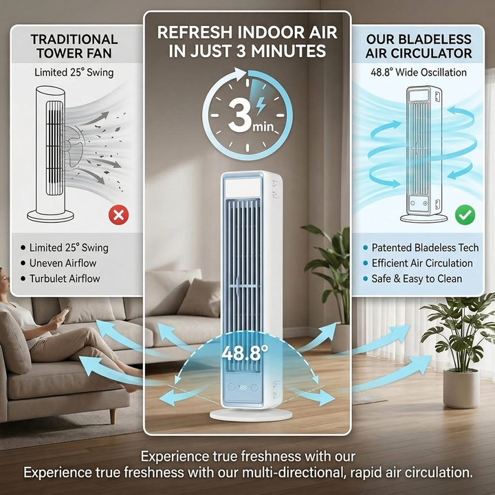 Compact & quiet bladeless cooling fan with long-lasting rechargeable battery for personal use.