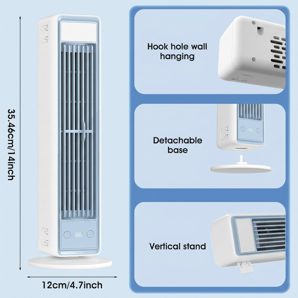 Efficient portable bladeless fan, remote-controlled, offering quiet cooling for home or office.